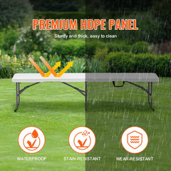 A lightweight, 6ft plastic folding bench with heavy-duty legs for indoor and outdoor use.