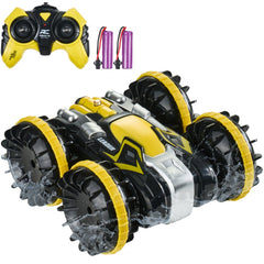 Yellow amphibious RC car boat with 4WD, remote control, and durable waterproof design.