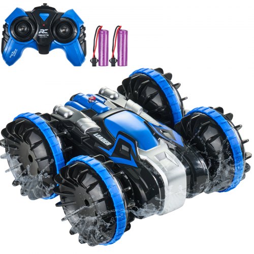 Blue 4WD amphibious remote control car boat with 2.4GHz controller and batteries.