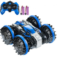 Blue 4WD amphibious remote control car boat with 2.4GHz controller and batteries.