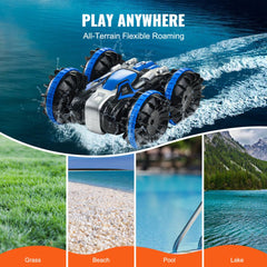 Blue 2.4GHz 4WD amphibious remote control car boat on water with grass, beach, pool, and lake terrains.
