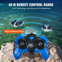 Blue 2.4GHz 4WD amphibious RC car boat on water with remote control, showing 40m range and multiplayer support.