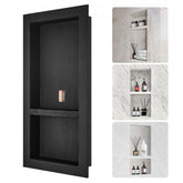 Black 16"x32" shower niche with double shelves, tile-ready design, and waterproof construction.