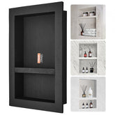 Black 16"x24" double shelf shower niche with tile-ready design and movable partition.