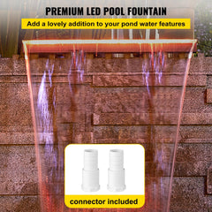 Acrylic pool fountain spillway with cascading water and colorful LED lights, including connectors.