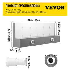 Acrylic pool fountain spillway, 23.6 inches wide, with 17-color LED lighting and dimensions shown.