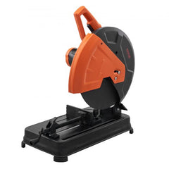 Orange 14-inch abrasive chop saw with black accents, miter adjustment, and vise on a base.
