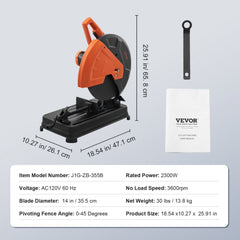 Orange 14-inch abrasive chop saw with 2300W power, 3600 RPM speed, and 0-45 degree miter adjustment on black base.