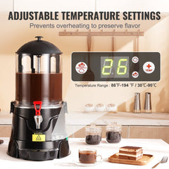 Electric hot chocolate dispenser with a 10L capacity and stainless steel construction.