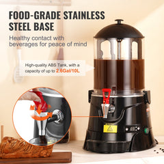 Electric hot chocolate dispenser with a 10L capacity and stainless steel construction.