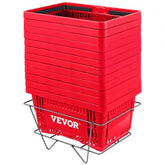 Set of 12 red HDPE plastic shopping baskets with a stand, featuring wide handles and secure bases.