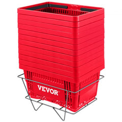 Set of 12 red HDPE plastic shopping baskets with a stand, featuring wide handles and secure bases.