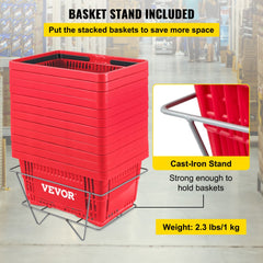 Set of 12 red HDPE plastic shopping baskets with a stand, featuring wide handles and a secure base.