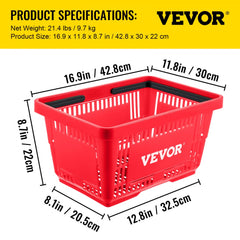 Set of 12 red HDPE plastic shopping baskets with a stand, featuring wide handles and secure bases.