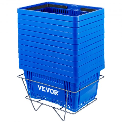 Set of 12 blue HDPE shopping baskets stacked on an iron stand with handles visible.