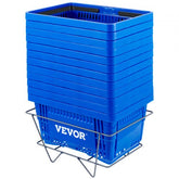 Set of 12 blue HDPE shopping baskets stacked on an iron stand with handles visible.