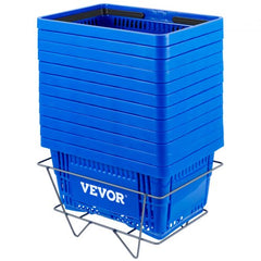 Set of 12 blue HDPE shopping baskets stacked on an iron stand with handles visible.