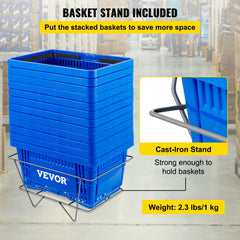 Set of 12 blue HDPE shopping baskets stacked on a metal iron stand for storage.