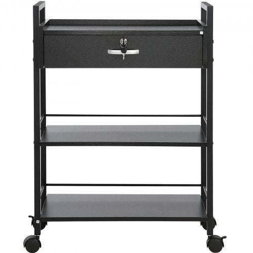 Black 3-tier salon trolley cart with lockable drawer and swivel wheels for easy mobility.