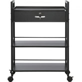 Black 3-tier salon trolley cart with lockable drawer and swivel wheels for easy mobility.
