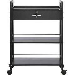Black 3-tier salon trolley cart with lockable drawer and swivel wheels for easy mobility.