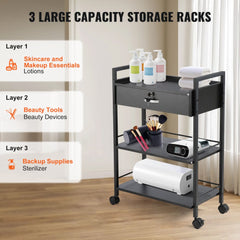 Black 3-tier salon trolley cart with lockable drawer and swivel wheels for easy mobility.