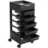Black plastic beauty salon trolley cart with five removable drawers, dryer holder, and four wheels.