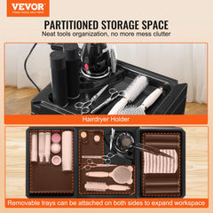 Plastic beauty salon trolley cart with 5 removable drawers, hairdryer holder, and 4 wheels.