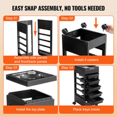 Step-by-step assembly diagram of a black plastic beauty salon trolley cart with 5 removable drawers and 4 wheels.