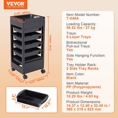 Black plastic beauty salon trolley cart with five removable drawers and four swivel wheels.