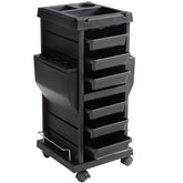 Black salon trolley cart with 6 drawers and lockable wheels for organized mobile storage.