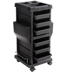 Black salon trolley cart with 6 drawers and lockable wheels for organized mobile storage.