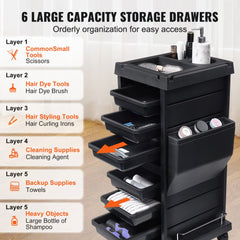 Black salon trolley cart with 6 drawers and lockable wheels for organized storage.