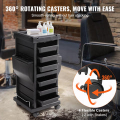 Black salon trolley cart with 6 drawers and lockable wheels for organized storage.
