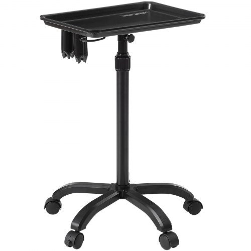 Black adjustable height salon tray cart with a spacious top plate and side tool holder.
