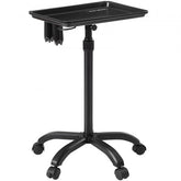 Black adjustable height salon tray cart with a spacious top plate and side tool holder.