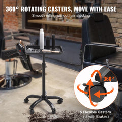 Black adjustable height rolling salon tray cart with five swivel wheels and tool holder.