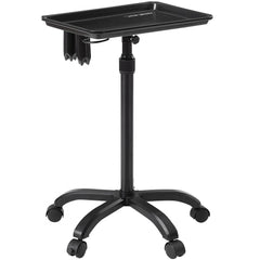 Black adjustable height salon tray cart with five swivel wheels and tool holder.