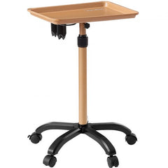 Bostome rolling salon tray cart in gold and black with adjustable height and five swivel wheels.