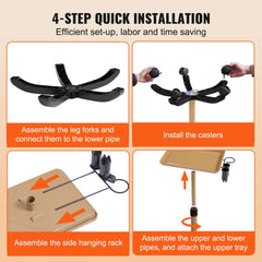 Gold and black adjustable height salon tray cart with five swivel wheels and side tool holder.