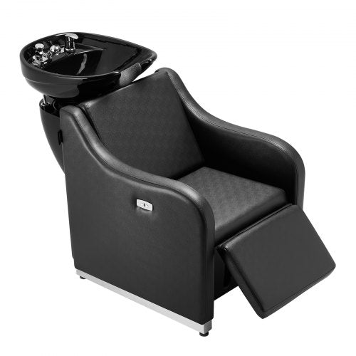 Black Bostome shampoo backwash chair with electric footrest and ceramic bowl.