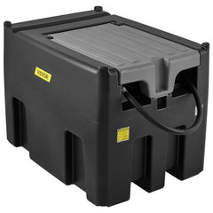 Black 116-gallon portable diesel fuel tank with 12V pump and hose.