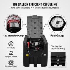 116-gallon portable diesel fuel tank with 12V transfer pump, fuel gauge, and capacity display.