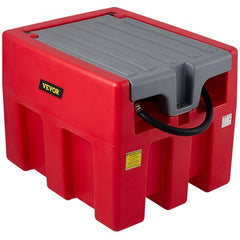 Red 58-gallon portable diesel tank with 12V pump and reinforced hose for fuel transport.