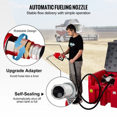 Red 58-gallon portable diesel tank with 12V pump and reinforced hose for efficient fuel transfer.