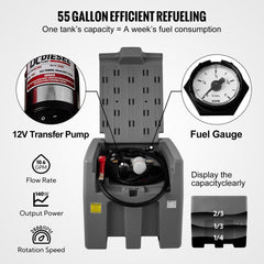 Gray 58-gallon portable diesel tank with 12V transfer pump, fuel gauge, and open lid view.