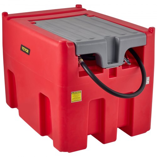 Red 116-gallon portable diesel tank with a 12V pump and reinforced hose for efficient fuel transfer.
