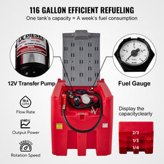Red 116-gallon portable diesel tank with 12V pump and reinforced hose for efficient fuel transfer.