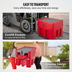 Red 116-gallon portable diesel tank with forklift pockets and mobility grooves.