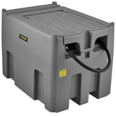 Gray 116-gallon portable diesel tank with a 12V pump and reinforced hose for efficient fueling.